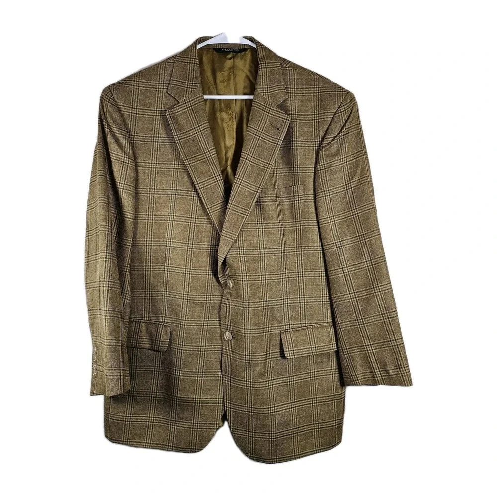 Vtg Jos A Bank Sport‎ Coat Blazer Mens 44R Silk Wool Jacket Windowpane Plaid